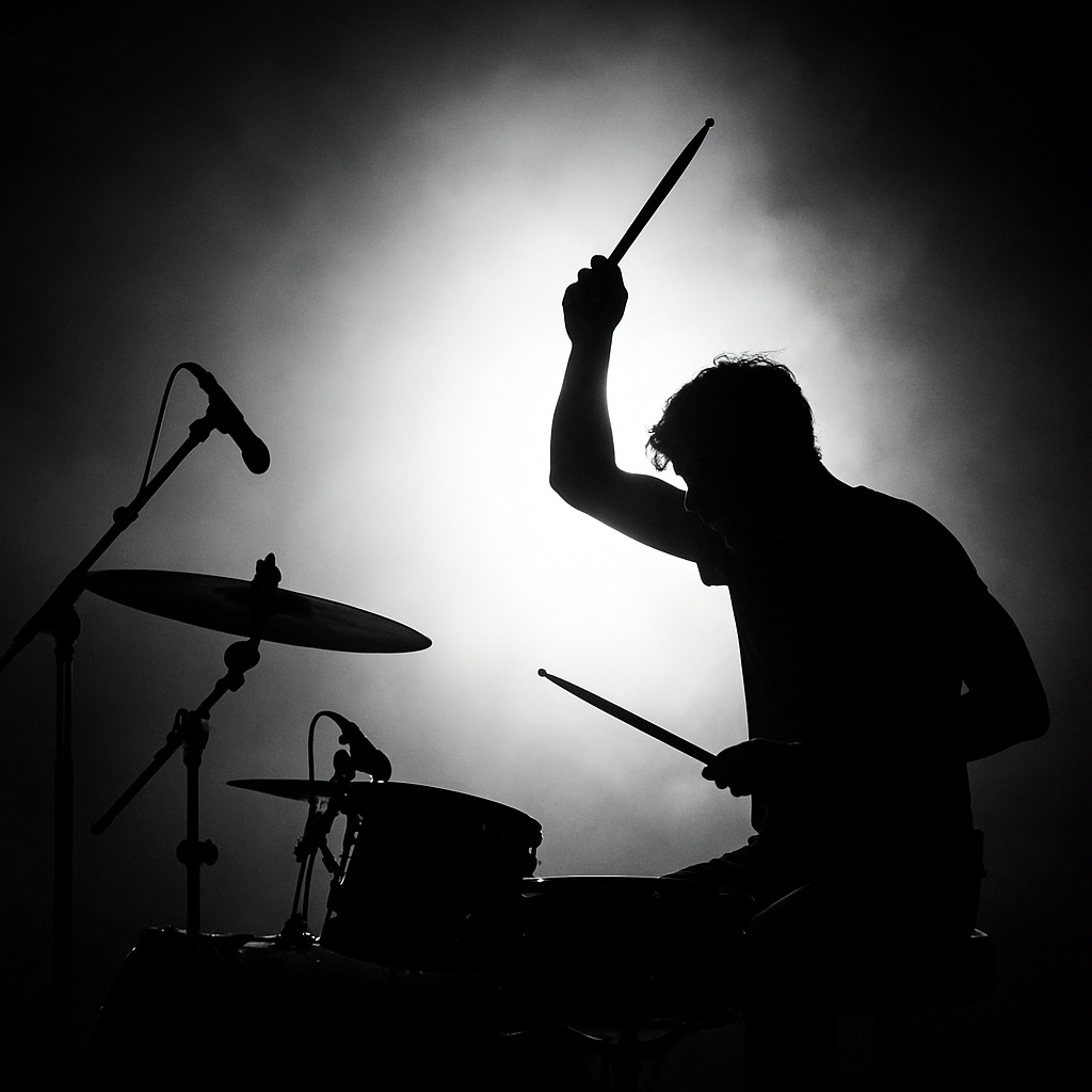 Baterista em silhueta tocando bateria retroiluminado por luz de palco
